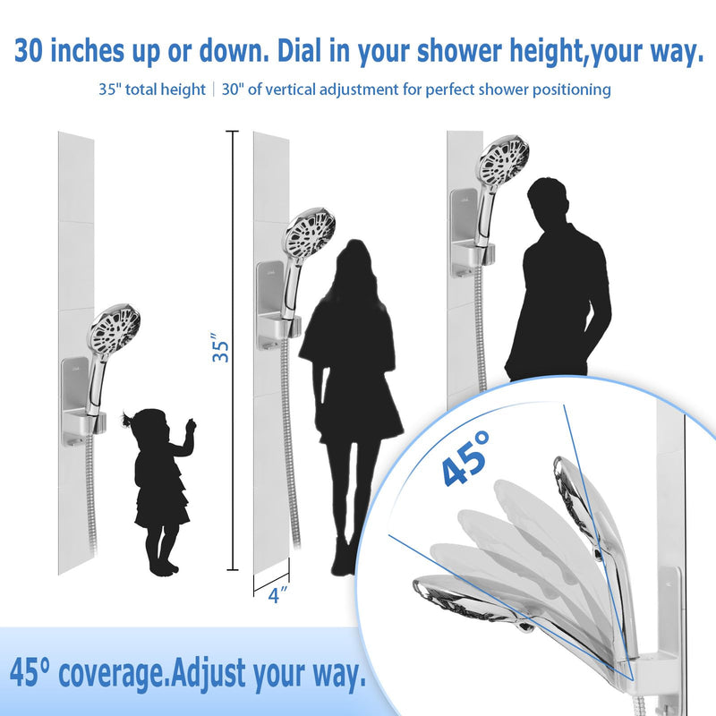 Modular Magnetic Handheld Shower Head Holder, 5-Section Customizable Sliding Rail with Tool-Free Adhesive Installation, Adjustable Height and Angle for Shower Chairs, Kids, Pets, Elderly, RV, Bathtub Silver