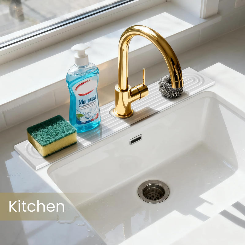 Premium Diatomite Stone Drying Mat for Kitchen Counter - Faucet Mat for Kitchen Sink, Sink Protector & Splash Guard, Quick-Dry Kitchen Sink Mat,Super Absorbent (White, 23.6" x 4") White