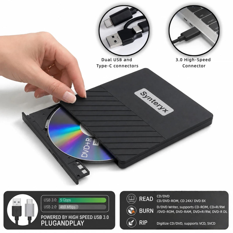 External CD Burner, USB CD/DVD Drive for Laptop, DVD Burner | Portable External CD/DVD Drive with USB-A & USB-C, CD/DVD Player, Reader & Writer, Compatible with Windows, Mac, Linux & PC Twill-CD/DVD