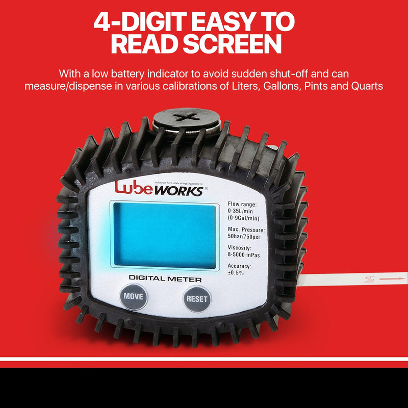 Oil Control Meter Digital 1-35lpm / 1-10gpm Heavy Duty 3V Batter Powered for Motor, Synthetic Hydraulic, Gear Oil, Transmission Fluid in Liter, Gallon, Pint and Quart (Meter Only)