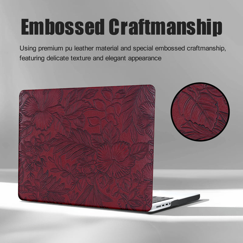 Floral Logo Cutout Case for MacBook Neo 13 inch 2026 A3404 A18 Pro Chip | Elegant Textured Mac Neo Case Retro PU Leather Hard Shell Case for MacBook Neo 2026 Case & Keyboard Cover, Deep Burgundy # Embossed Floral Burgundy