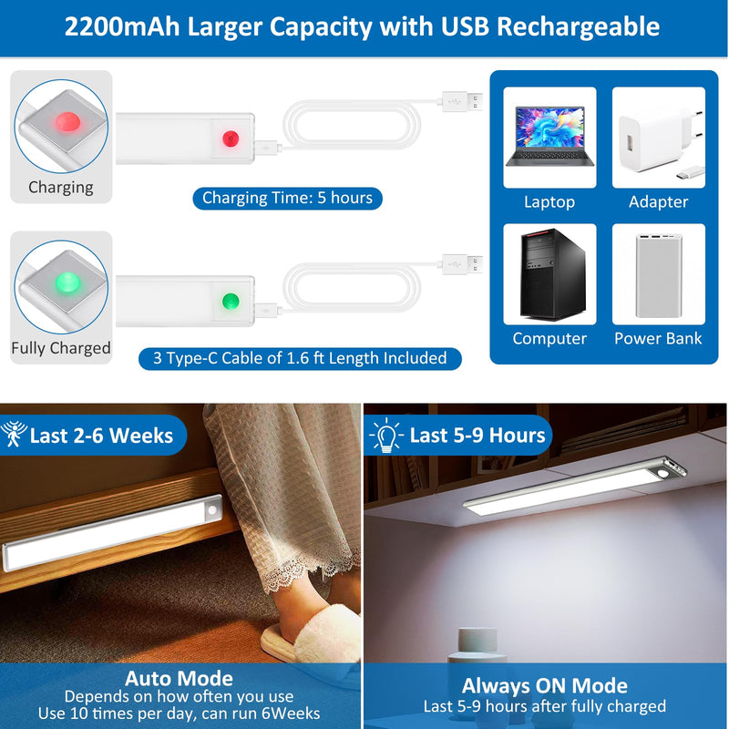 70-LED Motion Sensor Under Cabinet Lighting, 15.9-inch Magnetic Rechargeable Under Counter Closet Lights, Wireless Light Bar, 3-Pack, Cool White 15.9 inch