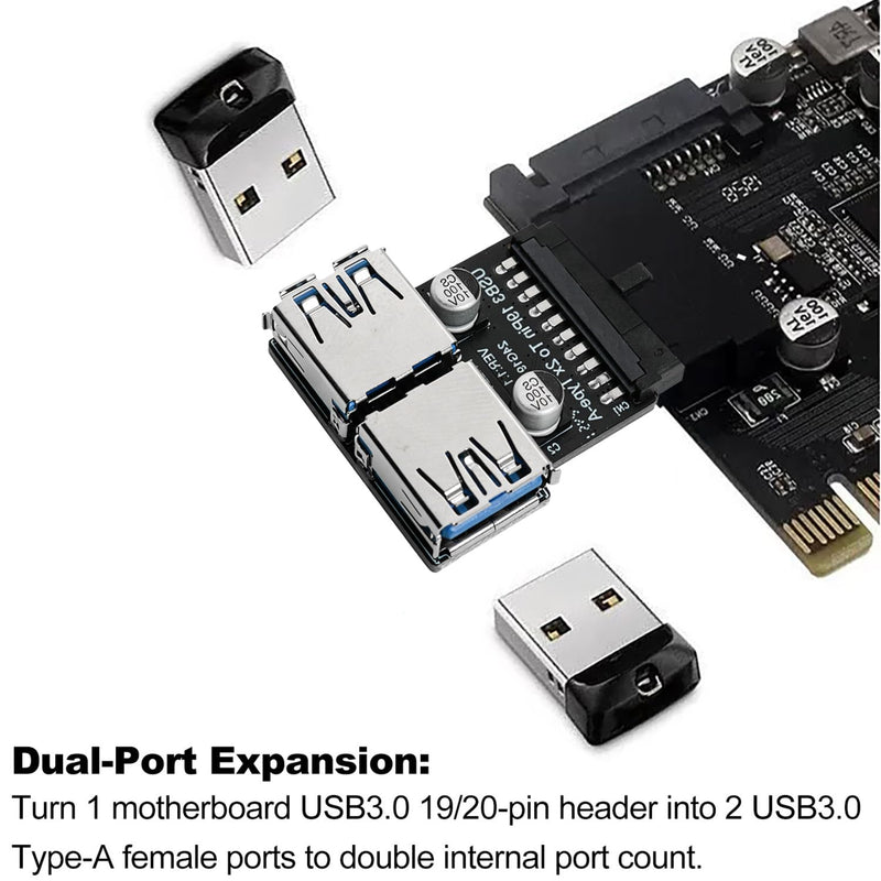 USB 3.0 19 20 Pin to Dual USB 3.0 Female A Port Splitter Adapter Internal Vertical 5Gbps Expansion Converter for Desktop PC Case Internal Dongle U Shield Front Interface