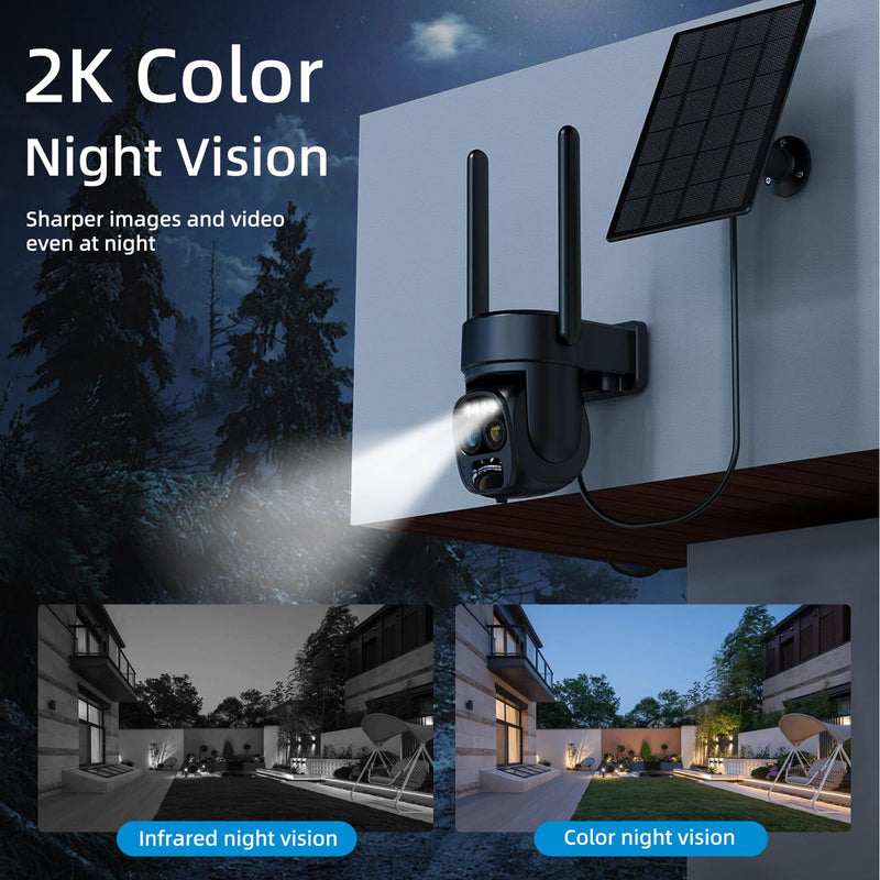 Hawkray Pannel Solar Wireless Outdoor Security Camera， Dual-Lens, 10xZoom, 2K Resolution 3MP 360°Pan/Tilt，2.4&5G WiFi Battery Powered Camera with Spotlight Alarm PIR Motion Detection solid black