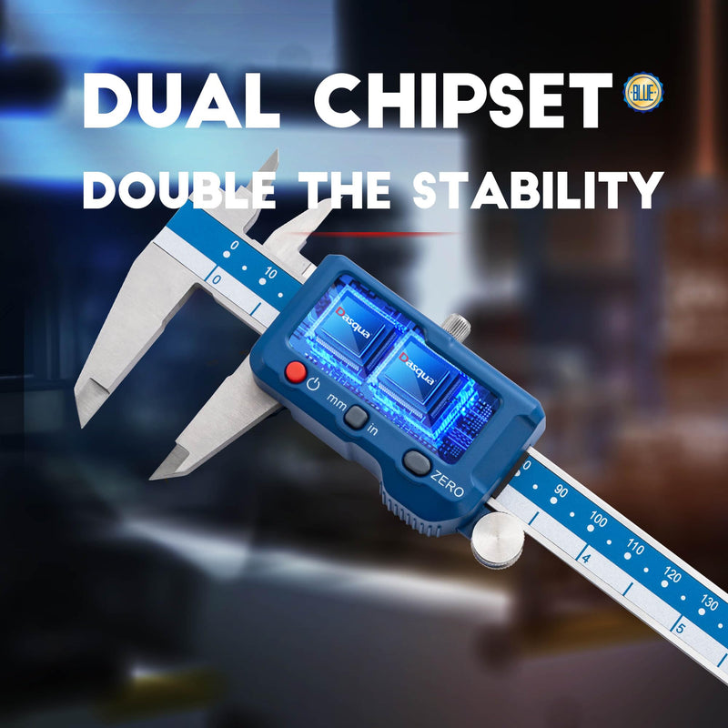 Dasqua 6”/150mm Digital Caliper, Stainless Steel Precision Measuring Tool with Advanced Dual Chip, Large LCD, Resolution 0.0005”/0.01mm, Accuracy ±0.001”/0.02mm 0-6"