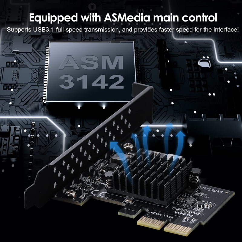 PCI-E 2X to USB3.1 Front Type-C, 10Gbps Type-E Backward Expansion Card, PCI Express 3.0 X2 Adapter(ASM3142), Riser Card for Desktop PCS, Supports PCIE X2/X4/X8/X16