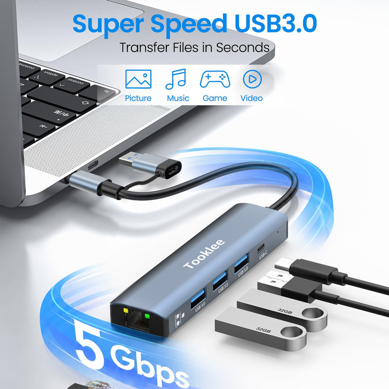 USB to Ethernet Adapter, USB 3.0 USB C Hub with Ethernet 1Gbps Network | USBC Ethernet Adapter for Laptop with USB-C Charging & USB-A 3.0, USB to RJ45 for Computer, MacBook/iPad Pro/Phone/Tablet