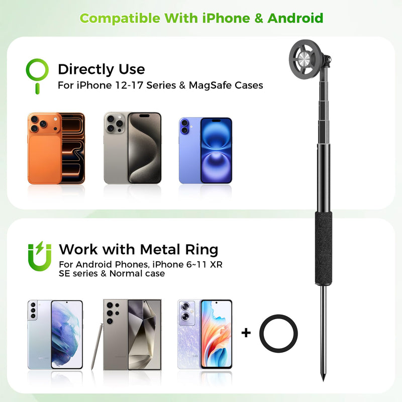 Golf Selfie Stick Tripod & Ground Spike to Record Swing, Phone Mount | Golf spike& tripod, strong magnetic mount, 11.4–47in adjustable pole, 1/4" thread, portable& compact, durable aluminum design