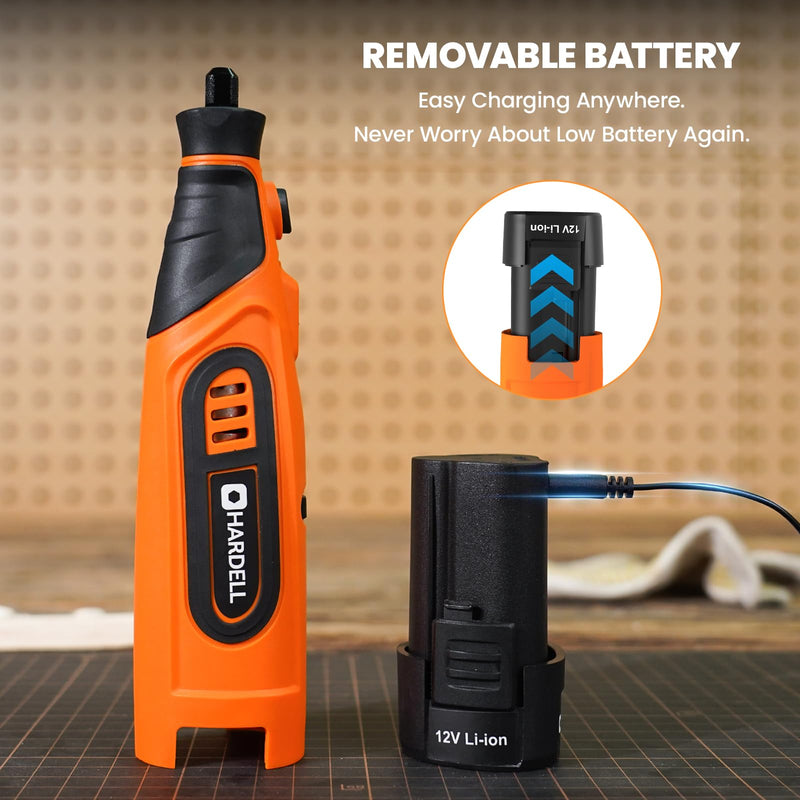 HARDELL Upgrade 12V Cordless Rotary Tool Kit 6-Speed 10000-25000RPM 43 Pcs | Removable Battery 1500mAh Long Runtime for Sanding Polishing Drilling Cutting DIY 12.0 Volts