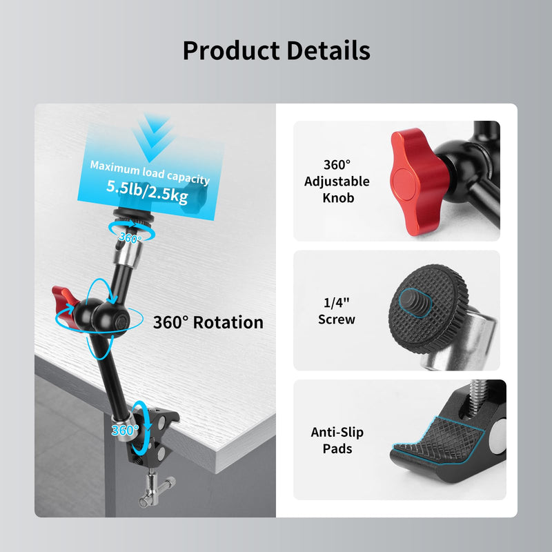 9" Magic Arm Clamp Kit with Cold Shoe Phone Holder & Tripod Mount Adapter | Versatile Mount for DSLR, Monitor, Lights, Phone, Action Cameras