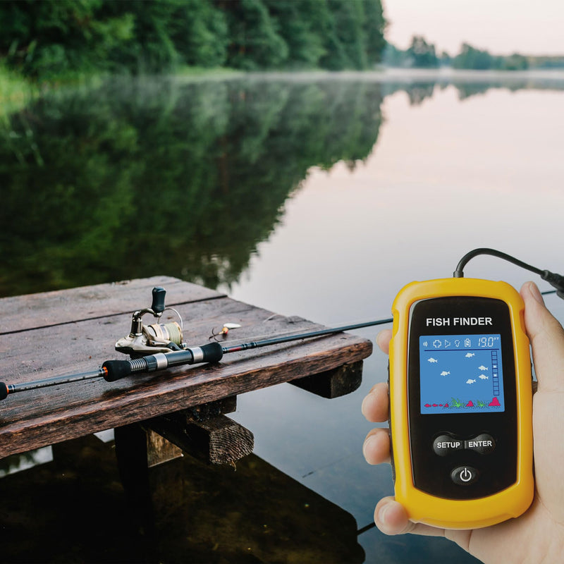 Portable Wired Fish Finder Ice Kayak Fishing Gear Water Depth Finder Handheld Fishfinder LCD Display Sonar Transducer Basic with Water-Resistant Bag