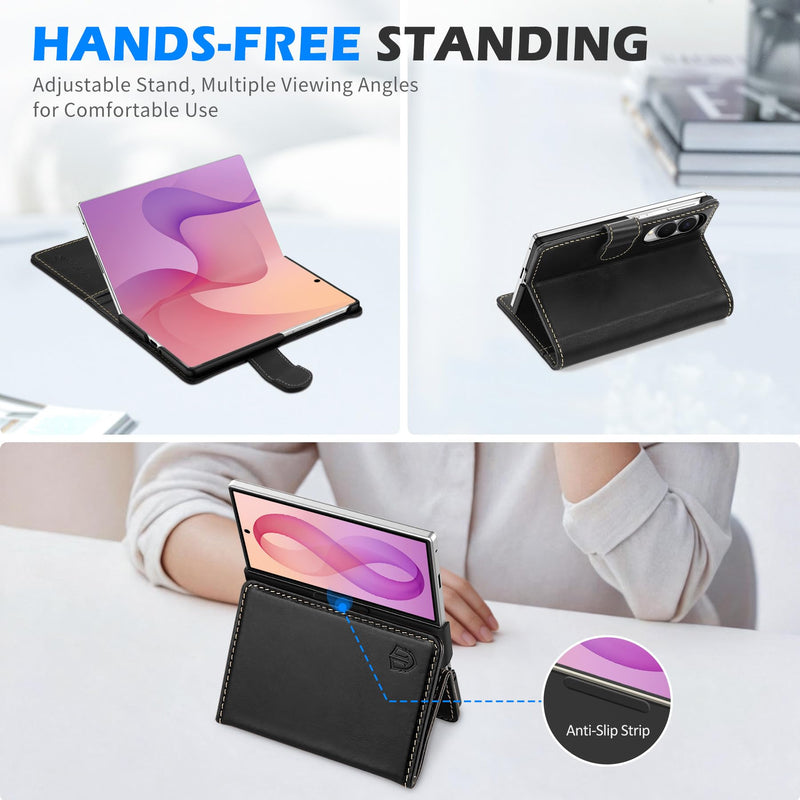 SHIELDON Real Leather Case Wallet for Galaxy Z Fold8 7.6", Retro Black | RFID Blocking, Credit Card Holder, Magnetic Closure, Kickstand, Folio Design, Shockproof Phone Cover