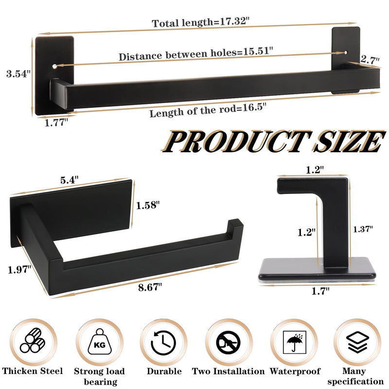 5 Pieces Self Adhesive Bathroom Hardware Set-SUS304 Stainless Steel-Towel Rack Set Include 16″Towel Bar+Toilet Paper Holder+3 Towel/Robe Hooks Bathroom Accessory (Matte Black, 16 in) Matte Black