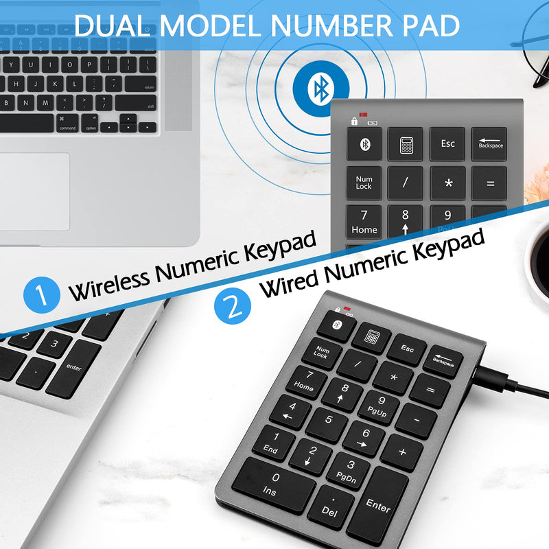 Foloda Wireless Bluetooth Number Pad: 22 Keys Wired Numeric Keypad, Rechargeable Financial Accounting 10 Keys Number Extensions USB-C Numpad for MacBook Pro Air, Laptop Desktop PC, Surface Pro Grey