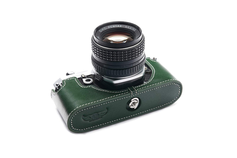 Pentax MX ME Case, BolinUS Handmade Genuine Real Leather Half Camera Case Bag Cover for Pentax MX ME Camera with Hand Strap (Green) Green