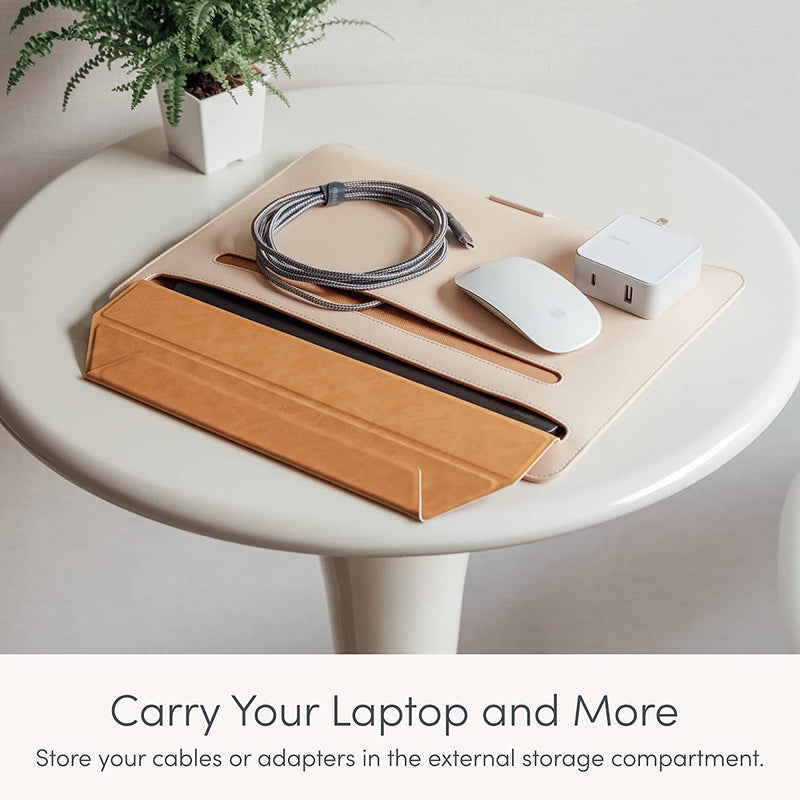 Moshi Muse 14 inch Laptop Sleeve Bag Compatible with 13”/14" MacBook Air, MacBook Pro M1/M2 2018-2022, Adjustable Stand and Expandable Storage, Ultra-Slim Premium Leather Laptop Case, Seashell White