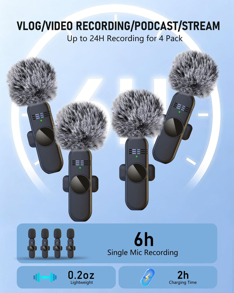 4 Wireless Lavalier Microphones Systems for iPhone Android Phone Pad Computer, Pro Clip On Mini Lapel Mics Little for Content Creators Video Recording Vlogging Podcast Stream, 48KHz 24Bit