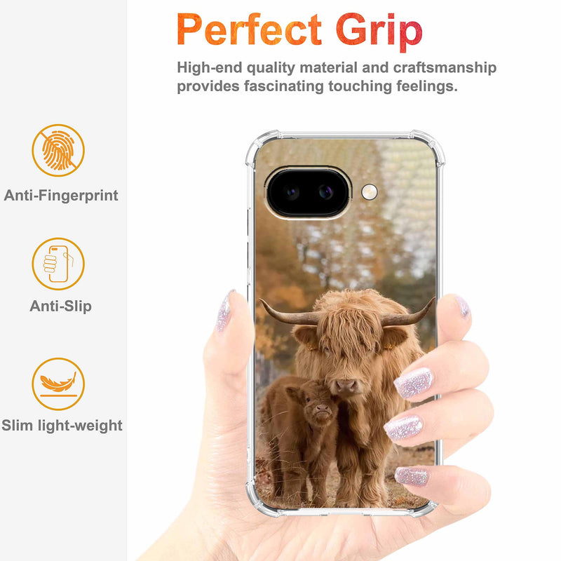 Case for Google Pixel 10a with Cow Design,Cute Highland Cattle Family Pattern,Clear Slim Soft TPU Bumper Phone Cover,6.3”(Cow,P10a)