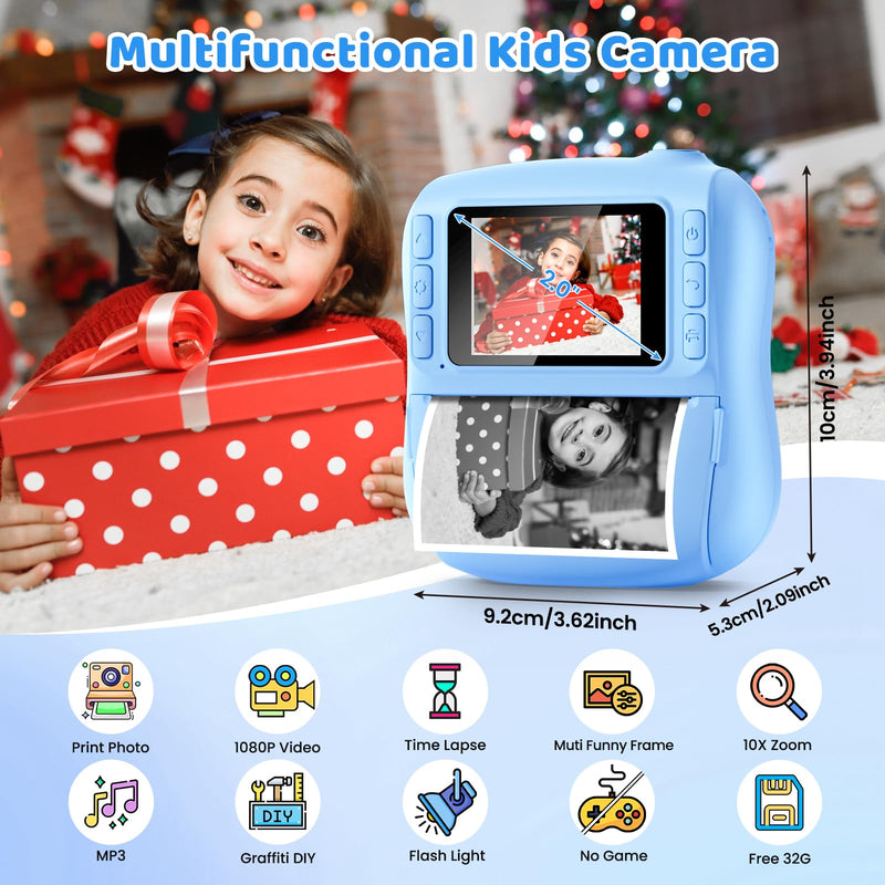 Instant Print Camera for Kids,Christmas Birthday Gifts for 3 4 5 6 7 8 9 10 11 12 Year Old Boys Girls,Toddler Digital Video Camcorder Cameras, Best 1080P HD Selfie Toy with 32GB SD Card Blue