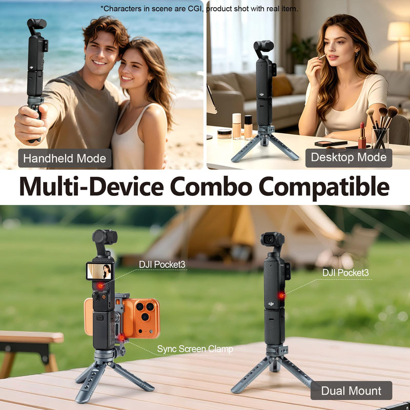Mini Metal Tripod, Compact Camera Grip, Compatible with DJI Osmo Pocket 3/Pocket 4 and Insta360 Luna Ultra Cameras, for Desktop Setup and Handheld Recording, Load Capacity: 25 kg / 55 lbs