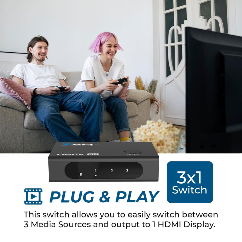 4K@120hz 3x1 HDMI Switch 8K by OREI - Remote Control HDMI Selector 48Gbps High Resolution Switch Between 3 Inputs Prefect for Gaming, PS5, Xbox, HDR10, Dolby Vision (BK-301)
