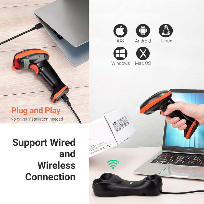 Tera Pro Series Wireless 1D 2D QR Barcode Scanner with Cradle Display Counting Screen Extra Fast Scanning Speed Ultra High Resolution Handheld Image Bar Code Reader for Warehouse Inventory HW0008 Orange