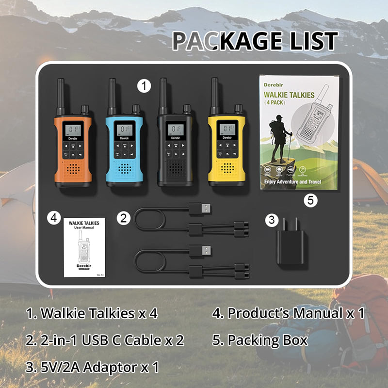 Rechargeable Walkie Talkies for Adults Long Range-4 Pack | 1500mAh Li-ion Battery,22 FRS Channels,NOAA Weather,VOX,LED Flashlight,2 Way Radio Outdoor Cruises Family Hiking Camping Gear Black & Blue & Orange & Yellow 4