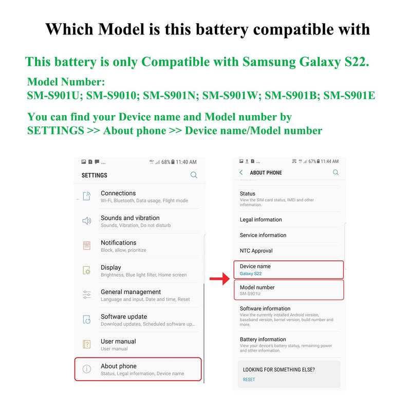 S22 Battery Replacement Kits Compatible with Samsung Galaxy S22 5G SM-S901U All Models with Adhesive, Installation Manual and Repair Tool Kits