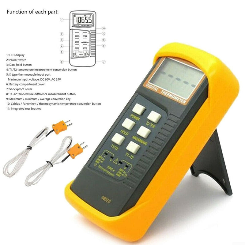 K Type Thermocouple Thermometer(-50~1300°C) Digital Dual Channel 2 Thermometer Pipe Clamp 2 Thermocouple Sensor Probes Pipe for Temperature Clamp Thermocouple High Accuracy Readings