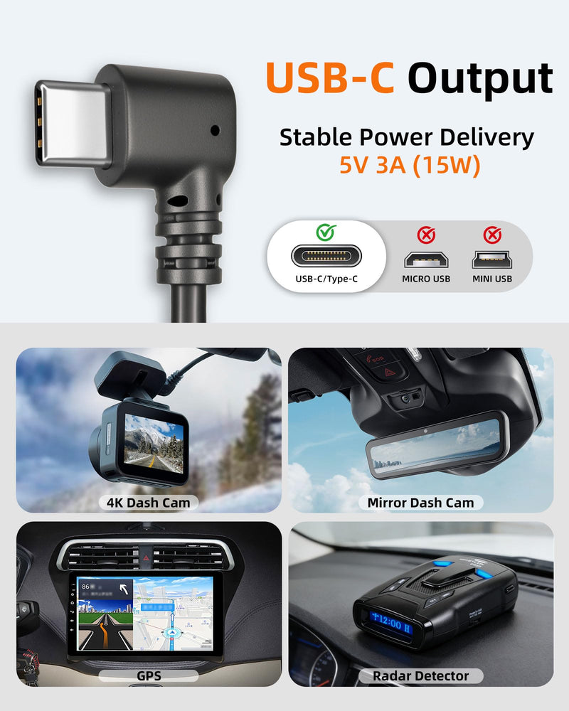 Dash Cam Power Cord USB C – 11.5FT Dashcam Power Adapter with Dual Ports Fast Charging, Compatible with Redtiger, Wolfbox, Vantrue, Viofo, TERUNSOUL and Most Dash Cameras