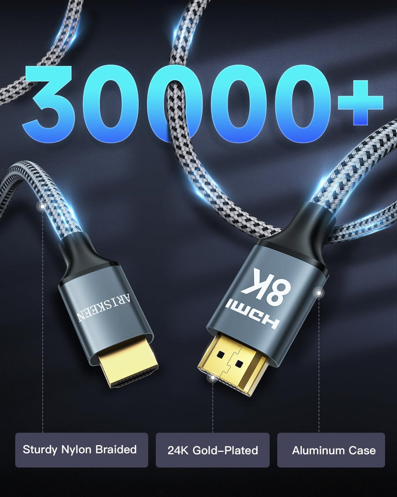 ARISKEEN 8K HDMI Cable 40FT, 48Gbps High Speed HDMI 2.1 Cable, 8K 60Hz, 4K 120Hz 144Hz Support for HDR 10, HDCP 2.2 2.3, eARC, DTS:X, Braided HDMI Cord Compatible with Laptop/HDTV/Monitor - 40 Feet 1