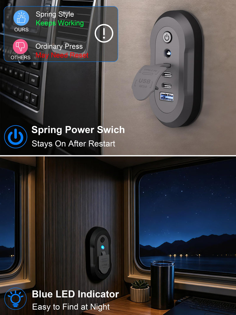 12V USB Outlet RV 3 Ports Car Power Charger 78W Fast Charging Panel Socket | Dual PD 3.0 QC 18W Car Lighter Adapter with Switch & Blue Indicator Light USB C 30W Wall Mount for Marine Bus Boat ATV Truck