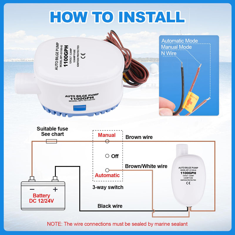 Luney Automatic Bilge Pumps for Boats 12v 1100GPH, Submersible Small Boat Bilge Pump with Float Switch, 1-1/8”(1.14IN or 29MM) Outlet Dia., 39IN 18AWG Wire(Blue)