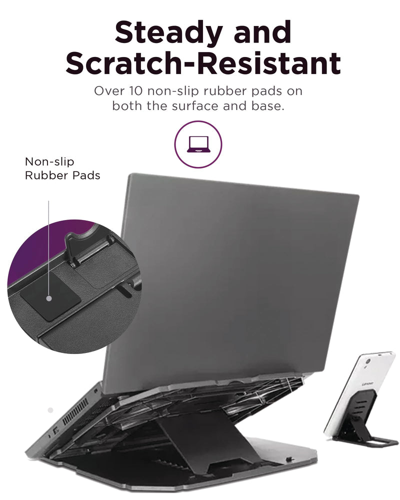 Lenovo 2-in-1 Laptop Stand - Adjustable, Portable, Foldable, Ergonomic, Non-Slip, Compatible with Laptops up to 15" and Cell Phones, Ideal for Travel For Laptops Up to 15"