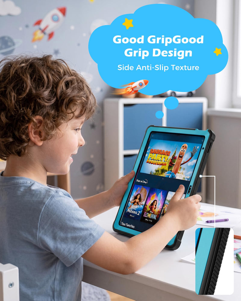 ProCase Kids Case for 11" iPad (A16) & 10.9" iPad 10th Gen, Blue&Black | 180° Adjustable Kickstand with Pencil Holder, 3-Layer Heavy Duty Rugged Shockproof Hard Shell Cover Black & Blue