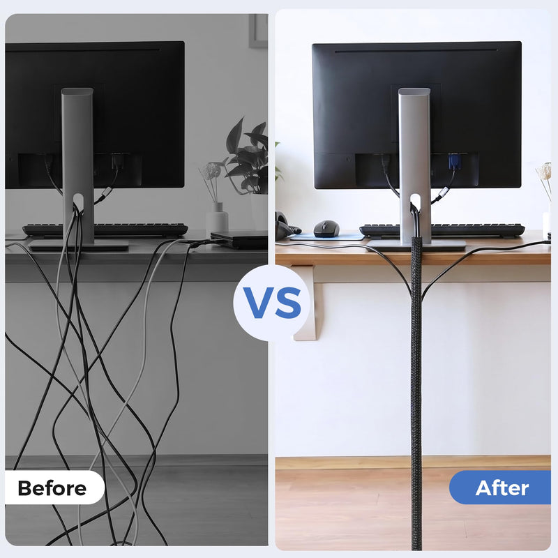 Delamu 10ft - 1/2 inch Cable Sleeve Cord Protector from Pets No Chew, Split-Braided PVC Wire Loom Tubing for Desk Computer USB TV Cord Organizer, Easy Set-up Cable Management Sleeve Kit, Black 1/2"-10ft
