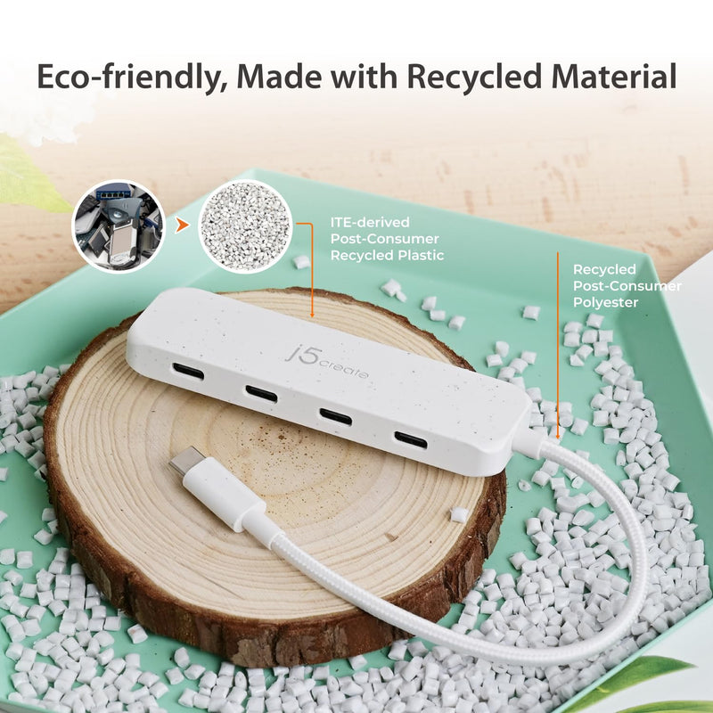 j5create 4-in-1 USB-C to 4-Port 10Gbps Type-C Hub, Eco-Friendly, Compatible with MacBook Pro, MacBook Air, iPad, Mac mini, Windows Laptop, and More(JCH345EW) Natural White
