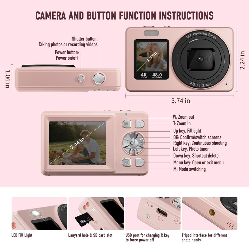 Digital Camera, 4K 48MP Autofocus Dual Screen for Selfies, 18X Zoom Fill Light, Portable Point and Shoot Travel Camera for Kids, Teens, Girls, Boys (SD Card Not Included)- Pink