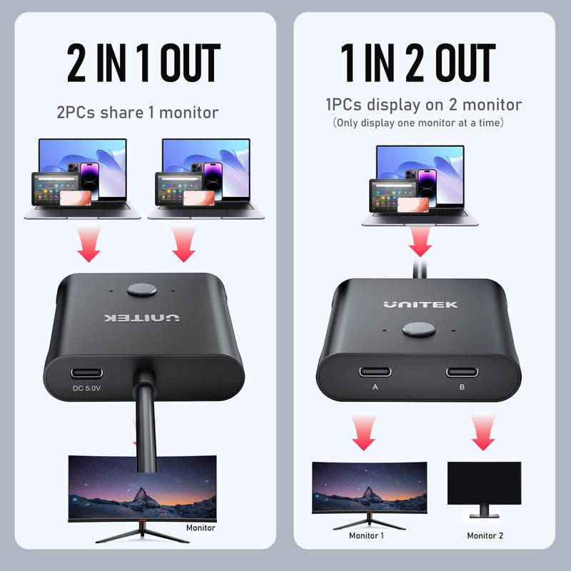 Unitek Bi-Directional USB C Switcher 1 in 2 Out/2 in 1 Out USB Switch Selector 2 Computers Share 1 Devices USB KVM Switch100W Charging 8K@60Hz Video 10Gbps Data Transfer USB-C Cables Included Black