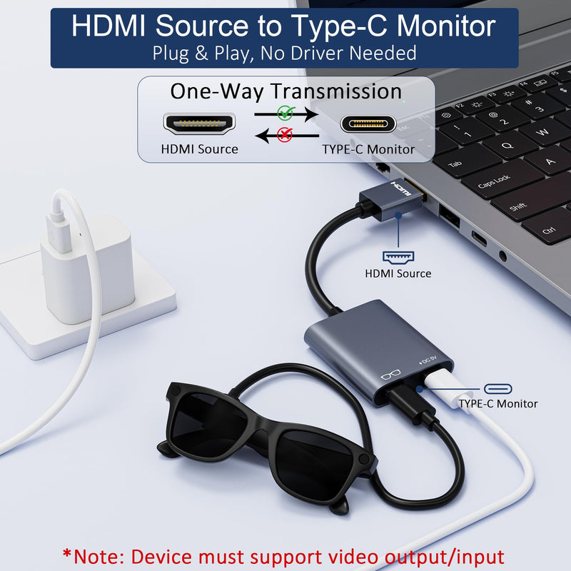 AR Glasses HDMI to USB C Adapter 4K@60Hz, XR Converter with Play & Charge for XREAL One/Air 2 Pro, VITURE Pro, RayNeo Air 2s, Rokid Max, Switch 2/1, Steam Deck, PS5/4, Xbox, ROG Ally, Portable Monitor