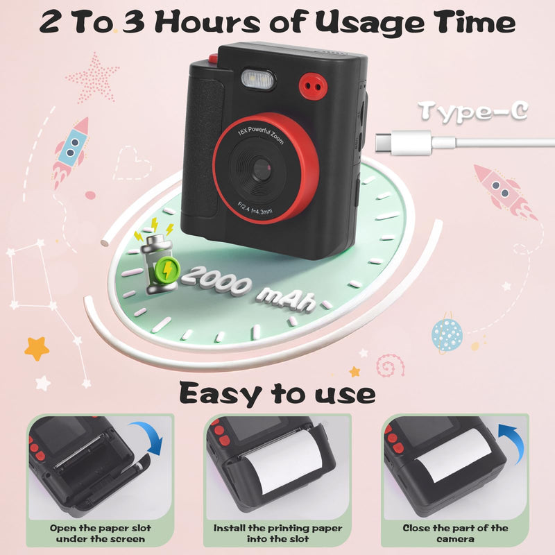 Kids Camera Instant Print, 1080P HD Dual-Lens Selfie Digital Camera with 5 Printing Paper Rolls & 32G TF Card, for Children, Portable Toddler Toy for Age 3-12 Boys & Girls (Black) Black