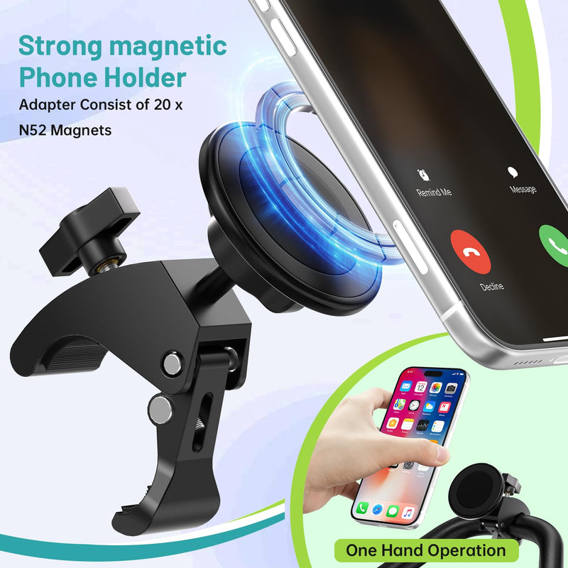 Magnetic Stroller Phone Holder Clamp Mount,20 x N52 Strong Dual Magnets | Handlebar Mount for Treadmill/Peloton/Spin Bike/Gym/Shopping/Golf Carts, Compatible with MagSafe iPhone 12–17 & Android