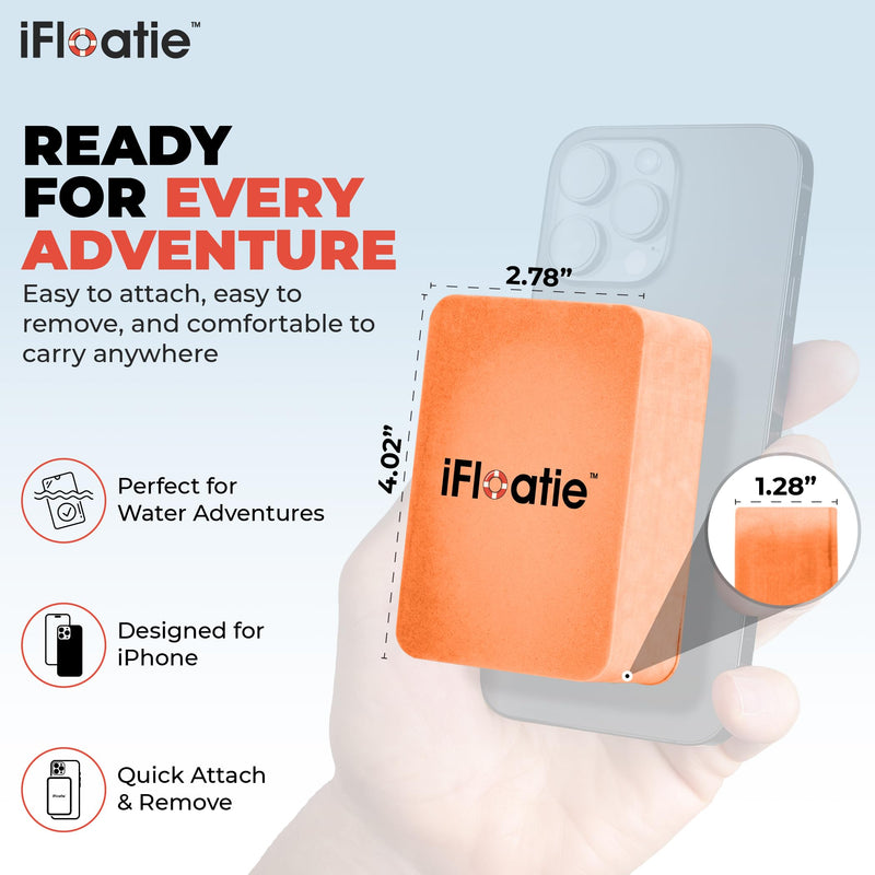 Magnetic iPhone Float - Prevents Phone from Sinking - MagSafe Compatible Snap-On Floatation for iPhone 17/16/15/14/13/12 – Orange