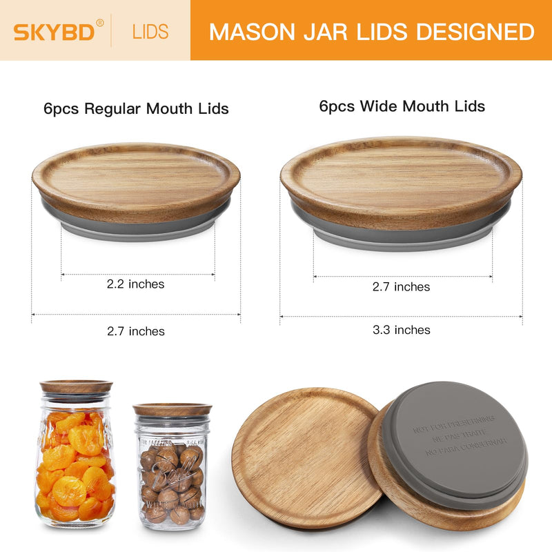 6 Regular Mouth and 6 Wide Mouth Wooden Mason Jar Lids for Ball/Mason Jars, Reusable Acacia Wood Mason Jar Lids with Airtight Silicone Seal Perfect for Dry Food Storage (6PCS-Regular + 6PCS-Wide) 6PCS-Regular + 6PCS-Wide