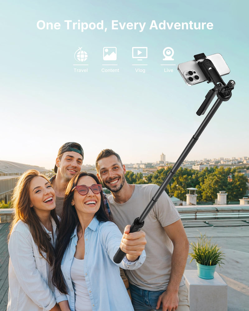 4-Leg Phone Tripod, 71-inch Selfie Stick for iPhone & Android | Anti-Slip Quadrapod Base, Snap-Release Phone Holder, Aluminum Alloy Pole for Durability, Secondary Handle Grip for Stability