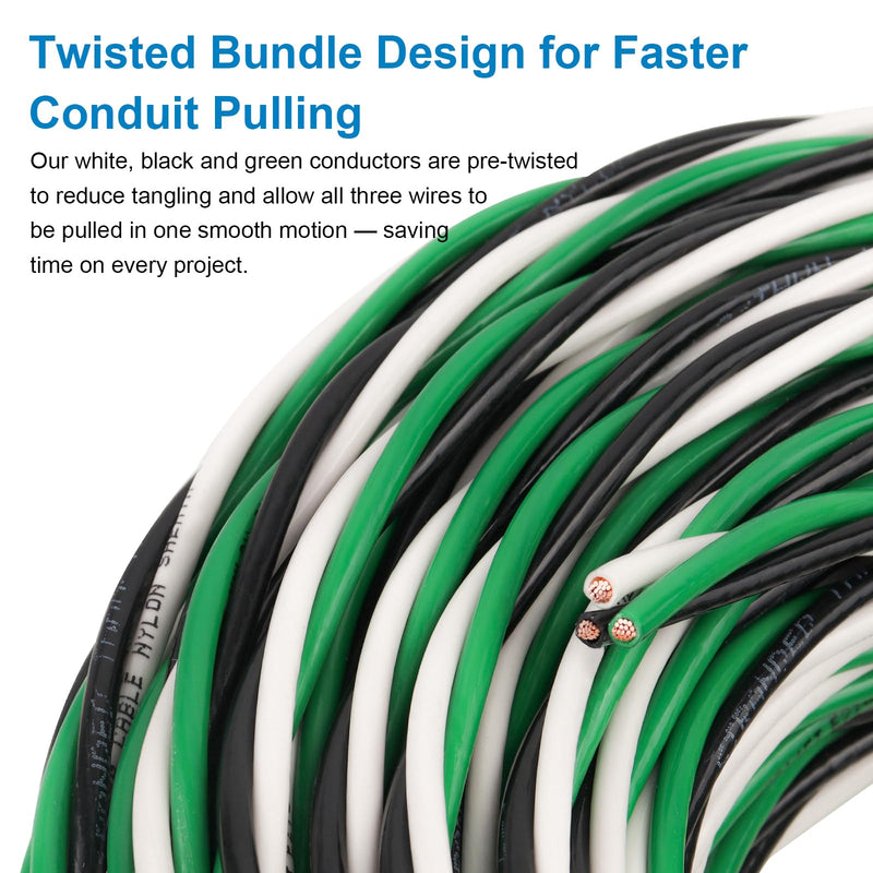 12 AWG THHN Wire 25FT 3-Color Set (Black/White/Green) – Stranded Copper, Pre-Twisted Conductors, THHN/THWN-2 Rated, 600V, Nylon Jacket for Conduit, Residential & Commercial Wiring 12AWG 25FT
