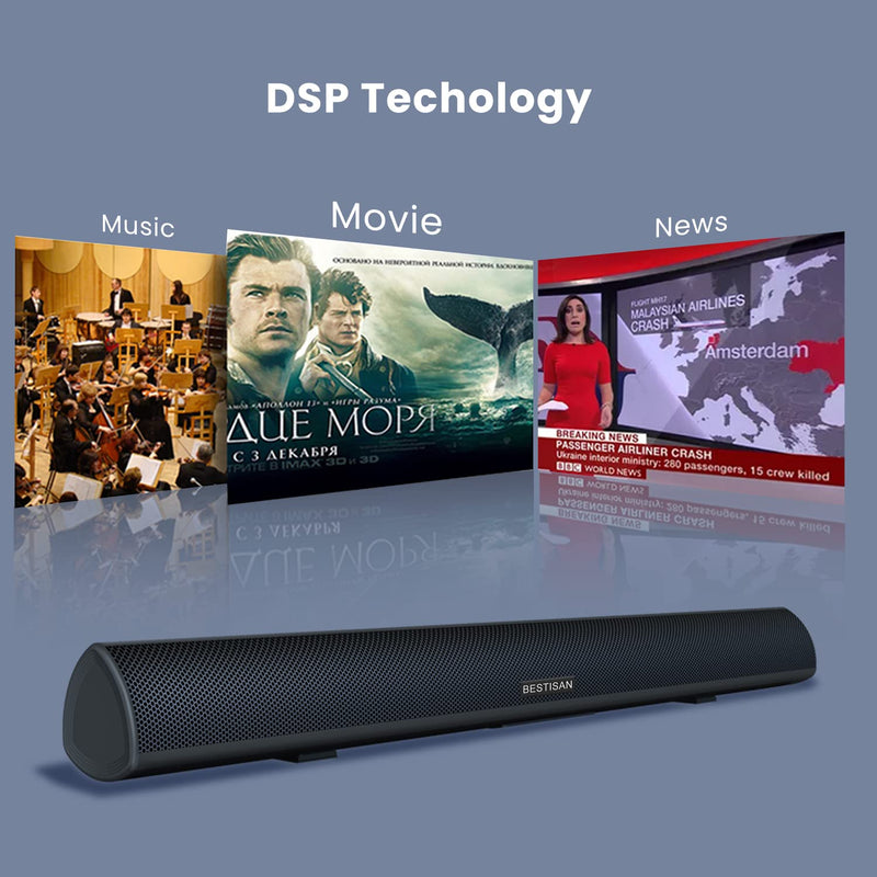 Sound bar, BESTISAN Soundbar Wired and Wireless Bluetooth 5.0 HDMI-ARC Speaker for TV (28 Inches, HDMI-ARC Connection, Optical Cable Included, DSP, Bass Adjustable, Wall Mountable) 28Inch