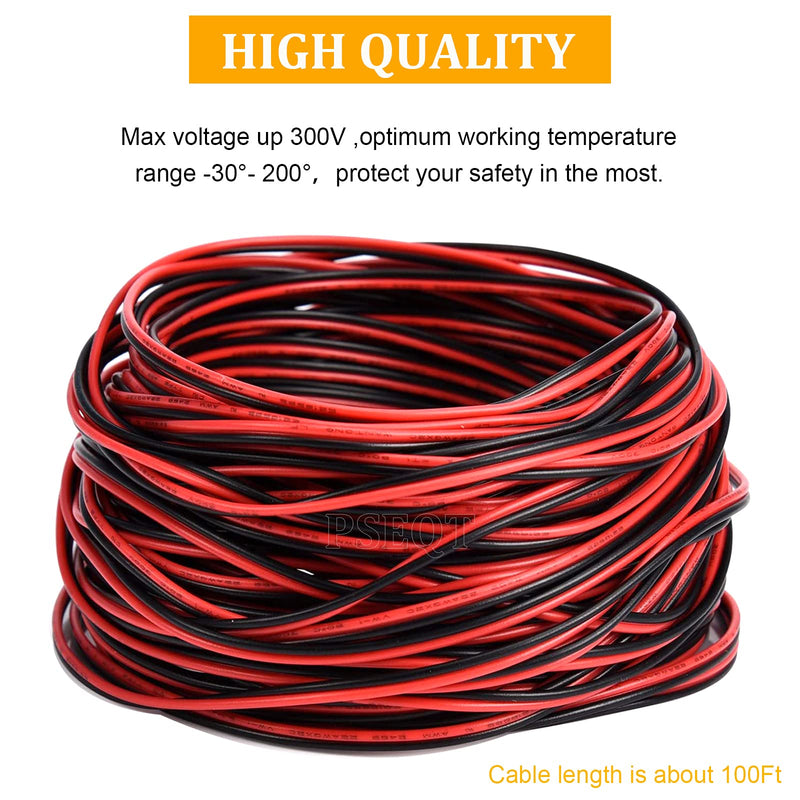 PSEQT Marine Boat LED Lights Wire, 100ft/30M 22AWG 2pin Extension Cable Wires Cord for 3528 5050 5630 Led Strip Light for Pontoon Boat Kayak Stern Anchor Courtesy Navigation Bow Red Black Wire with 22AWG