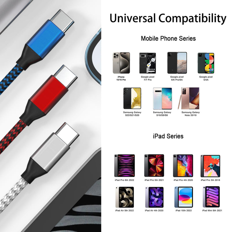 USB C to USB C Cable Nylon Braided 60W 3/3/6/6/10 FT USB Type C Fast Charging Cable for iPhone 15/15 Plus/15 Pro Max, MacBook Pro, iPad Pro Air, Samsung S24/S24 Ultra/S23