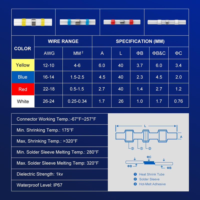 800pcs Waterproof Solder Seal Wire Connectors - Heat Shrink Self-Soldering Electrical Connectors Kit for Automotive Marine (26-10 AWG, 4 Sizes) (800PCS) 800PCS